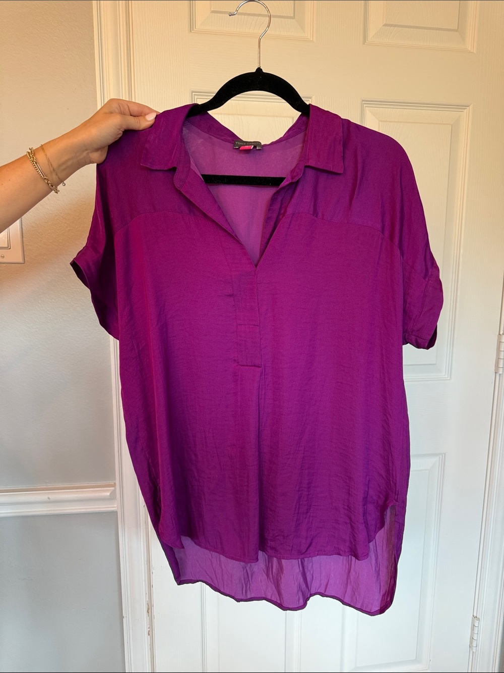 Vince Camuto Short-Sleeve Split-Neck Blouse - Magenta